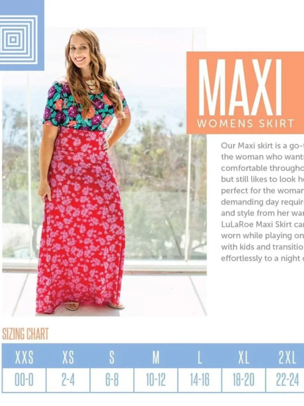 XS Lularoe Maxi Skirt, red with blue, black, yellow flowers and paisleys